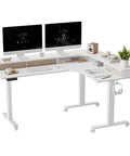 Premium FEZIBO Triple Motor L Shaped Electric Standing Desk 63 Inches Wide Corner Gaming Workstation With Three Storage Drawers and Height Adjustable Memory Settings For Ergonomic Home Office Setup In White.