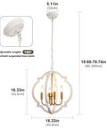 Modern Farmhouse 4 Light Wood Chandelier In Distressed White And Gold With Orb Globe Cage Pendant Lighting dimensions and details