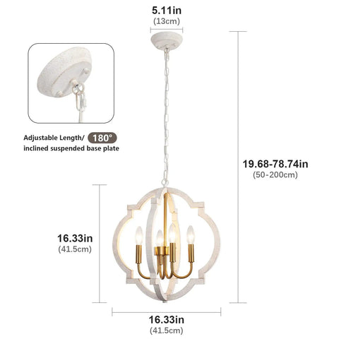 Modern Farmhouse 4 Light Wood Chandelier In Distressed White And Gold With Orb Globe Cage Pendant Lighting dimensions and details
