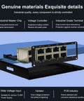 Unmanaged 10 Port Gigabit Ethernet Switch Built Tough For Outdoor DIN Rail Mount with RJ45 ports exposed showing internal structure.