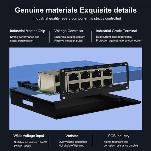 Unmanaged 10 Port Gigabit Ethernet Switch Built Tough For Outdoor DIN Rail Mount with RJ45 ports exposed showing internal structure.