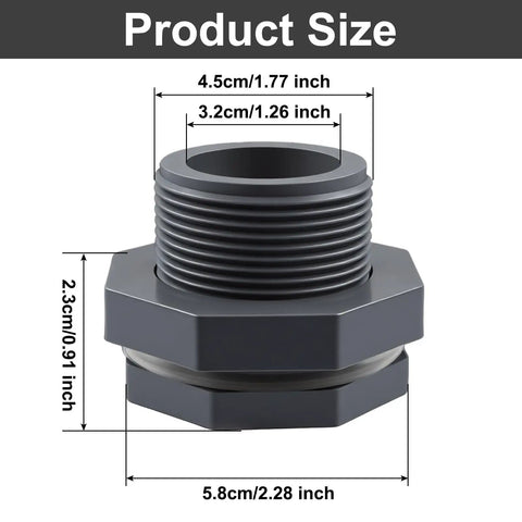 Knockout Quality 1 Inch NPT Bulkhead Fittings Weather Resistant PVC Water Tank Connector Set 2 Pack dimensions and size details