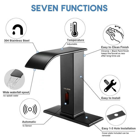Diagram highlighting features of Touchless Sensor Bathroom Faucet With Automatic Waterfall Flow Matte Black Stainless Hands Free 1 Hole Install