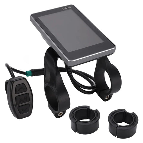 GD06 LCD Display Panel for Bikes and Electric Scooters, set with digital speedometer, battery gauge, and mount components.