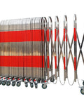 Built Different Stainless Steel Retractable Crowd Control Fence With Fast Roll Wheels Heavy Duty mobile fence in folding position.