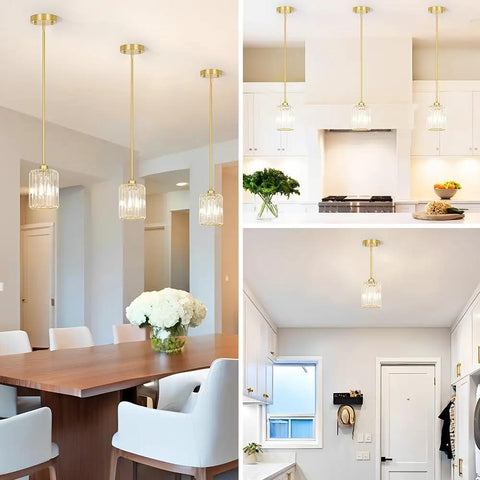 Brushed Gold Crystal Pendant Light With Adjustable Rods And Sloped Ceiling Mount No Sweat Install Super Smooth Hang Straight Up Elegant Lamp For Kitchen Island Dining Space E26 Base lighting dining table and kitchen