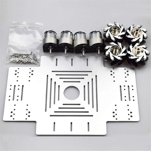 Front view of Moebius 4WD Mecanum robot chassis kit, aluminum silver, with 4 DC motors and 4 mecanum wheels