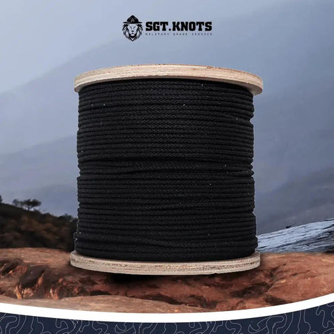 Spool of black Unglazed Cotton Tie Line With Polyester Core For Theatrical Props, Decor And Hunting, Beefy Heavy Duty Tie Down Rope