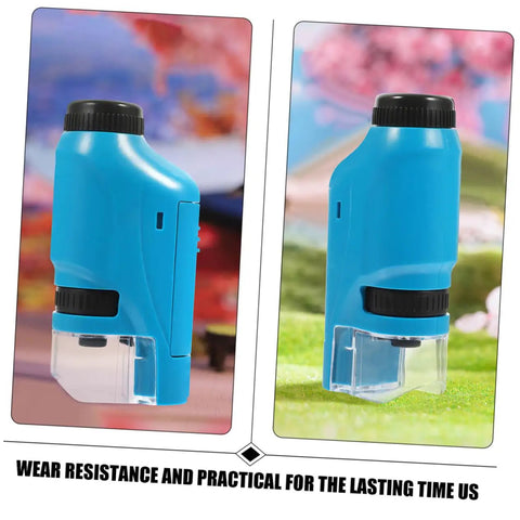 Portable Handheld Microscope For Students With Safe Lightweight Design, side and angled view, blue plastic, use outdoors