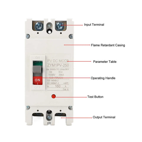 Two Pole 160 Amp Direct Current Miniature Circuit Breaker 20kA Short-Circuit Capacity 1000V Rating Flame Retardant Compact Easy Install
