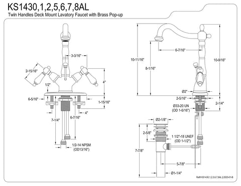 Technical drawing of Heritage Matte Black Two Handle Bathroom Faucet With Brass Pop Up Drain And Cover Plate Deck Mount 4 Inch Centerset 1.2 GPM.