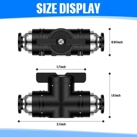 Size dimensions of 5 Pack Three Eighths Inch OD Push To Connect Pneumatic Ball Valve Set with fittings