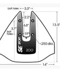 Diagram of SE Sport 200 High Performance Hydrofoil for 8-40 HP Motors, showing dimensions and bolt hole placements.