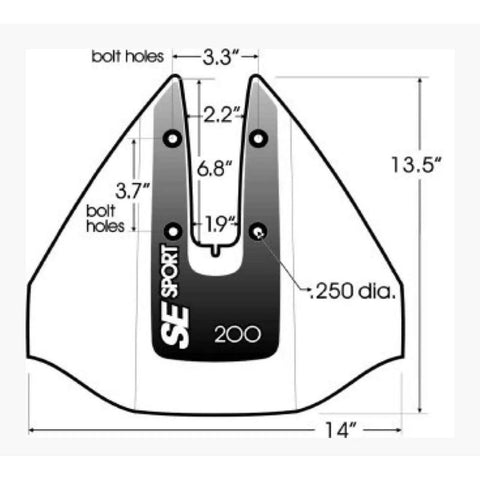 Diagram of SE Sport 200 High Performance Hydrofoil for 8-40 HP Motors, showing dimensions and bolt hole placements.