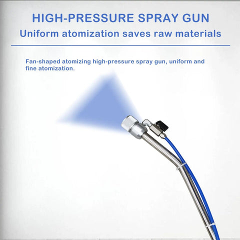 gonana need this badass dual-power polyurethane foam spray machine for waterproof paint put application with 50 liter hopper capacity 220V high pressure atomizer, high-pressure spray gun showing atomization.