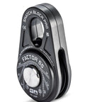 Snatch Block Pro Compact Recovery Block For Winch Lines Lightweight At Three Point Two Lbs Ideal For Serious Recoveries Two Point Five By Four Point Zero By Six Point Six Inch Frame Machined In USA From 6061 T6 Aluminum And 304 Stainless Steel, black recovery block front view