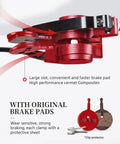 Heavy Duty Hydraulic Disc Brake Kit For Mountain Bikes Featuring Crisp Dual Piston Calipers 800mm Front And 1450mm Rear Lines showing red caliper and brake pads.
