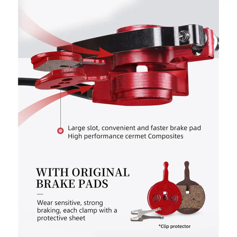 Heavy Duty Hydraulic Disc Brake Kit For Mountain Bikes Featuring Crisp Dual Piston Calipers 800mm Front And 1450mm Rear Lines showing red caliper and brake pads.
