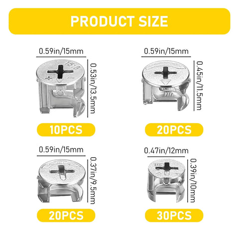 Product sizes for 80Pcs Furniture Cam Lock Connectors Set For Cabinets And Drawers Zinc Alloy Cam Lock Nuts Fasteners