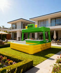 Inflatable PVC Pool Bar For Outdoor Water Parties With Illuminated Bar Sign Waterproof And Durable Poolside Entertainment Station Portable Backyard Beverage Bar For Summer Parties Green Epic in a garden setting.