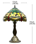 Green And Yellow Stained Glass Tiffany Dragonfly Table Lamp For Bedside And Desk Use, Reading Light With Antique Bronze Base, 18 Inch Height, 12 Inch Shade