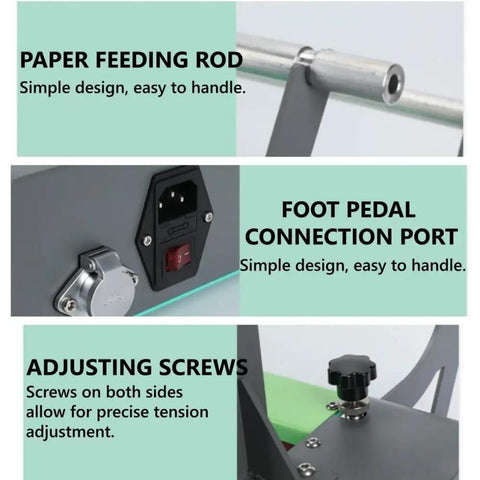 Electric Honeycomb Paper Roll Dispenser Built Tough For Cranking Out Packages Flawless Wrapping Paper Stretching Machine features paper feeding rod, foot pedal connection, and adjusting screws.