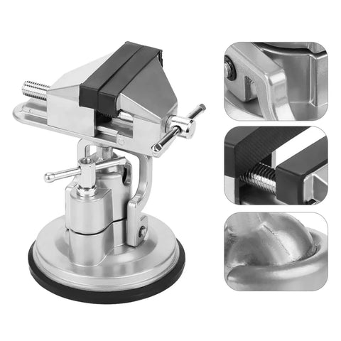 Rock Solid Universal Table Vise Clamp With Zero Wobble Rotating Base Heavy Duty Aluminum Alloy Bench Vice with rubber suction base.