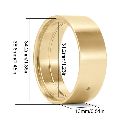 Dimensions of brass inner beadlock ring 1.3 inch 27g gold color upgrade for RC crawlers, shown measured in millimeters and inches.