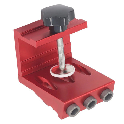 Heavy Duty Pocket Hole Jig Kit With Three Precision Drill Bits Adjustable Woodworking Guide in red anodized aluminum.