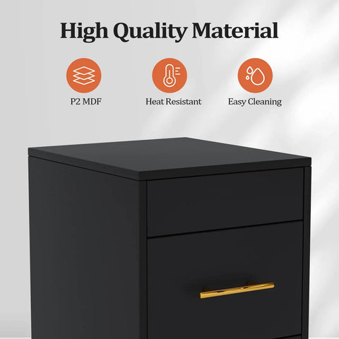 "Pro Grade Salon Rolling Cart With Wheels Three Drawer Styling Station Mobile Beauty Cart With Hot Tools Holder Ample Storage For Salon Barbershop Spa And Tattoo Black; close-up of upper drawer with gold handle reflecting heat-resistant and easy-cleaning features."