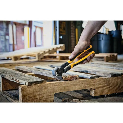 10 Inch MF End Nipper PLRS Series Heavy Duty Cutter For Framing And Trim Work, cutting through wooden pallet with grip.