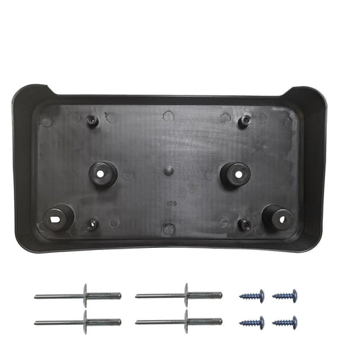 Back view of Chevrolet Impala Front Bumper License Plate Frame Bracket Holder Replacement Fits 2014 2015 2016 2017 2018 2019 2020 Direct OE Size No Modifications Needed Easy Bolt On Durable Weather Resistant Aluminum Finish with mounting hardware.