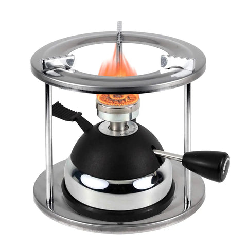 Refillable Butane Mini Burner For Tabletop Siphon Coffee Makers And Espresso Stoves with furnace stand and flame visible