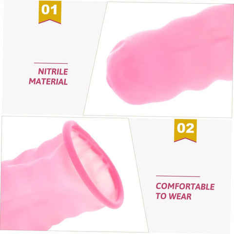 Pack Of One Hundred Chill Finger Sleeves For Guys Who Crush Hand Sewing Darts And Grindy Gaming Matches Breathable Protective Covers showing nitrile material and comfort.