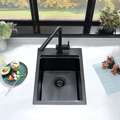 Top view of 15 Inch Drop-In Bar Sink Workstation With Solid Wood Cutting Board, 16 Gauge Stainless Steel Single Bowl in kitchen setting.