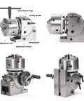 Heavy Duty Universal Indexing Head Rotary Table For Milling Machines Featuring Swappable Dividing Plates And Tailstock Fits 4 5 6 Inch Chucks detailed view showing chuck adjustment and locking spindle.
