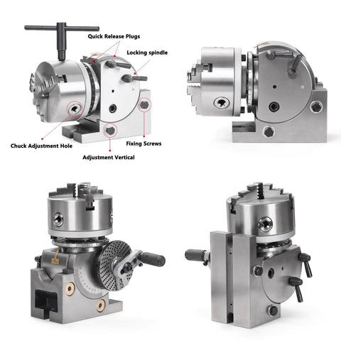 Heavy Duty Universal Indexing Head Rotary Table For Milling Machines Featuring Swappable Dividing Plates And Tailstock Fits 4 5 6 Inch Chucks detailed view showing chuck adjustment and locking spindle.