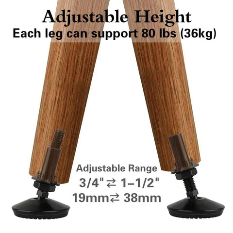 Set Of 4 M10 Screw In Adjustable Leveling Feet For Furniture Heavy Duty Self Levelers With T Nut 2 Inch Base Diameter And 2 Inch Bolt Length Black With Non Slip Rubber Or Felt Pads For Cabinets Tables And Chairs supporting 80 lbs per leg, adjustable height between 19mm to 38mm
