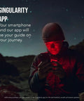Person in dark landscape using smartphone to control Vespera Pro Smart Telescope With Observation Station under starry sky