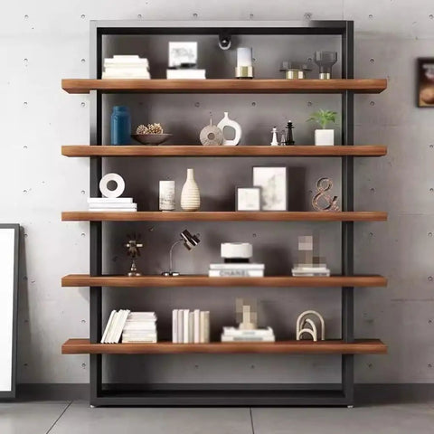 Rock Solid Industrial Bookshelf With Thick Solid Wood Shelves Five Tier Floor Standing Unit For Living Room Or Office Heavy Duty Metal Frame Storage Rack with decorative items.