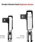 Comparison of two 3/8 Inch Drive Flex Head Ratchets, small body vs 8 inch version, designed for improved access in tight spaces