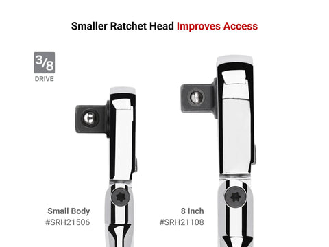 Comparison of two 3/8 Inch Drive Flex Head Ratchets, small body vs 8 inch version, designed for improved access in tight spaces