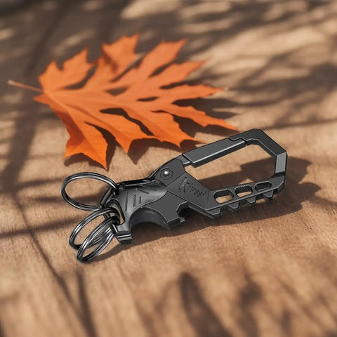 Heavy Duty Metal Keychain Set With Carabiner Clip, Bottle Opener And Three Key Rings on wooden surface