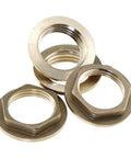 Rock Solid Pro Grade Brass Lock Nuts For Pipe Fittings 4 Pack 1/2 Inch Npt Female Hex Flange Nuts With Sealing Washers stacked together.