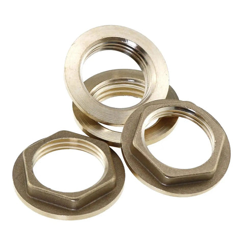 Rock Solid Pro Grade Brass Lock Nuts For Pipe Fittings 4 Pack 1/2 Inch Npt Female Hex Flange Nuts With Sealing Washers stacked together.