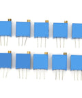 Top view of blue multiturn trimmer potentiometers from Multiturn Trimmer Potentiometer Kit 50 Piece Assortment With 10 Resistance Values.
