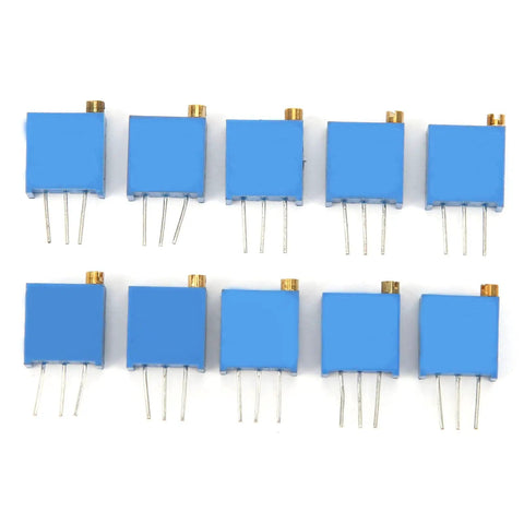 Top view of blue multiturn trimmer potentiometers from Multiturn Trimmer Potentiometer Kit 50 Piece Assortment With 10 Resistance Values.