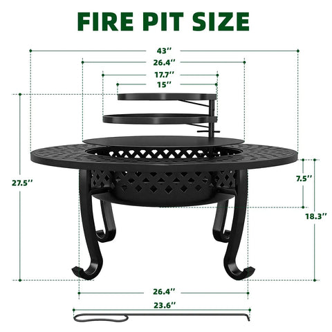 43 Inch Outdoor Wood Burning Fire Pit With Lid And Two Grill Grates Metal Round Table with dimensions displayed