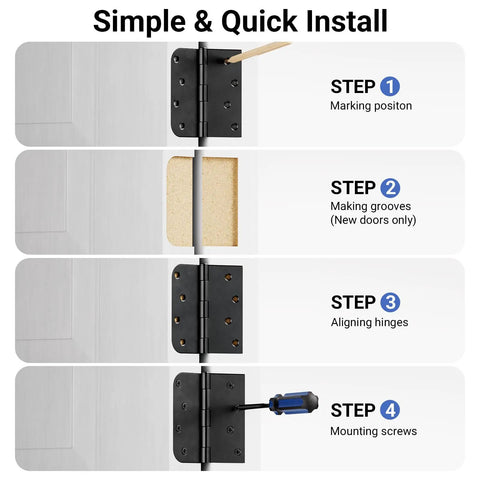 Installation steps for Six Pack Matte Black 4 Inch Door Hinges Heavy Duty Iron Exterior Interior With 5/8 Radius And Square Corners
