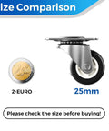 Small Swivel Caster Wheels 14 Pack 1 Inch Low Profile Durable Casters For Furniture Nightstands Bookshelves Plant Stands And Ottomans, size comparison with 2-euro coin.